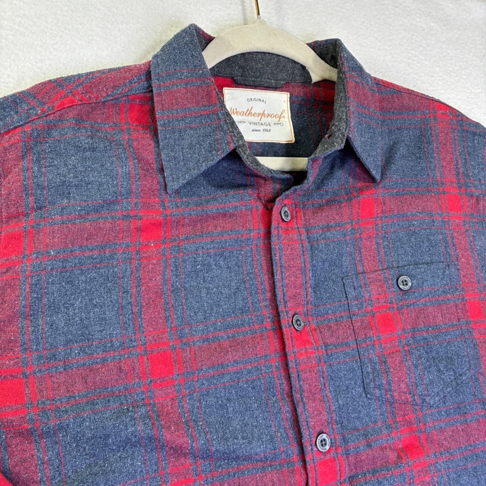 Weatherproof Vintage Mens Medium Red Gray Plaid Flannel Button Down Shirt